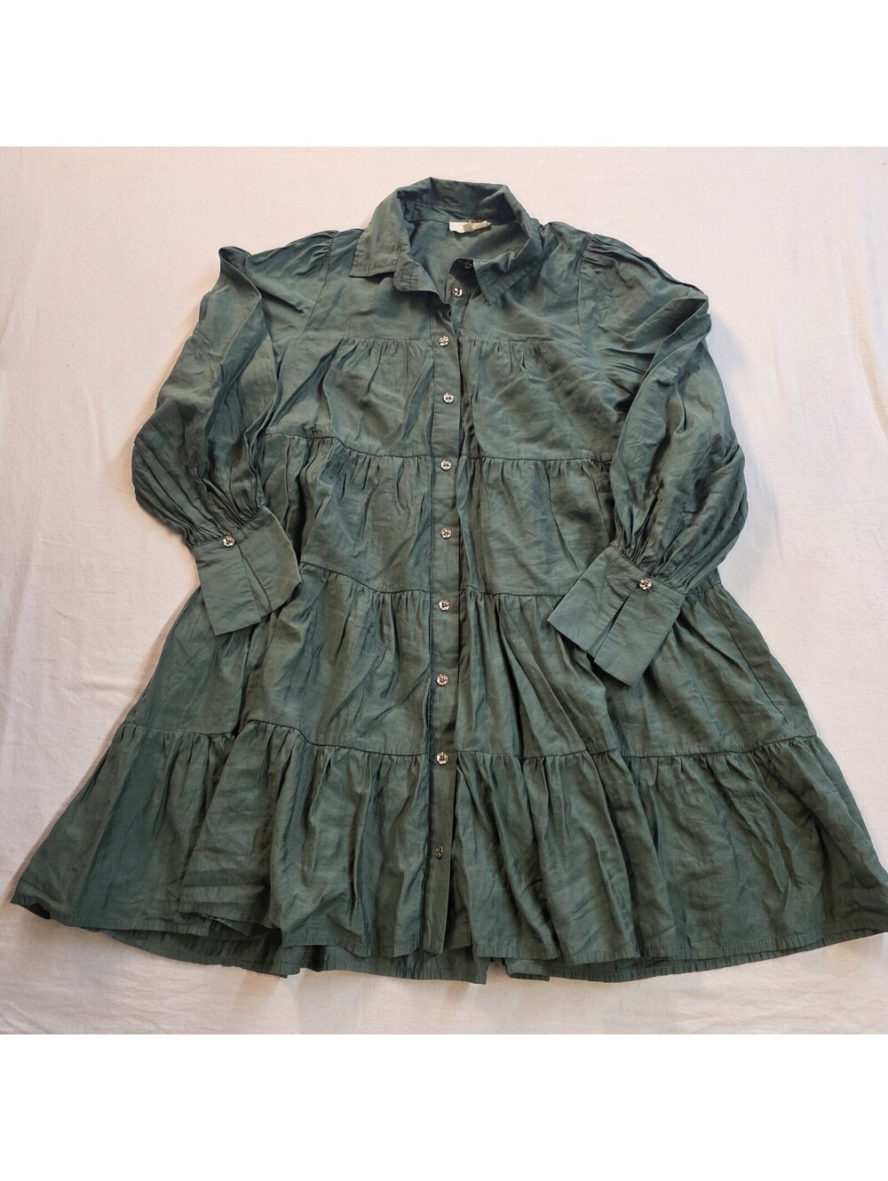 Entro Sage Green Tiered Dress Boho Button Long Sleeve M